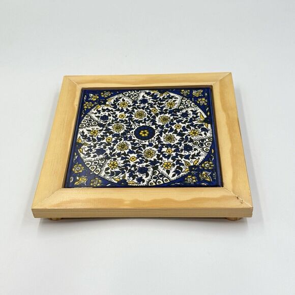Barbour Ceramics Tile 8x8 square Stand Wood Cobalt Blue and White Yellow Flowers - Picture 6 of 16